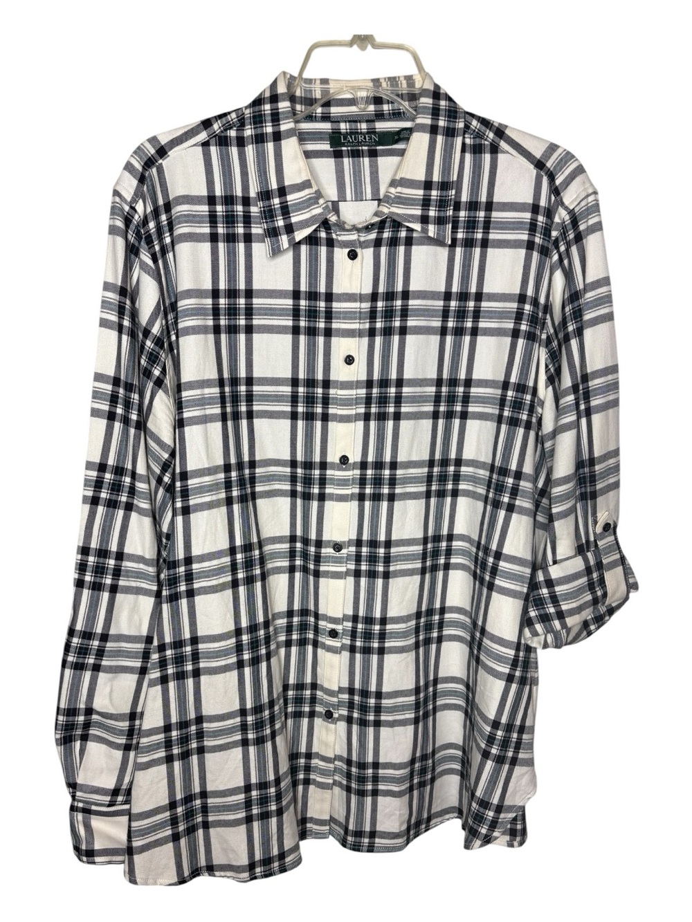Lauren Ralph Lauren Cotton Plaid Top Womens Sz XL Country Picnic Office Roll Tab